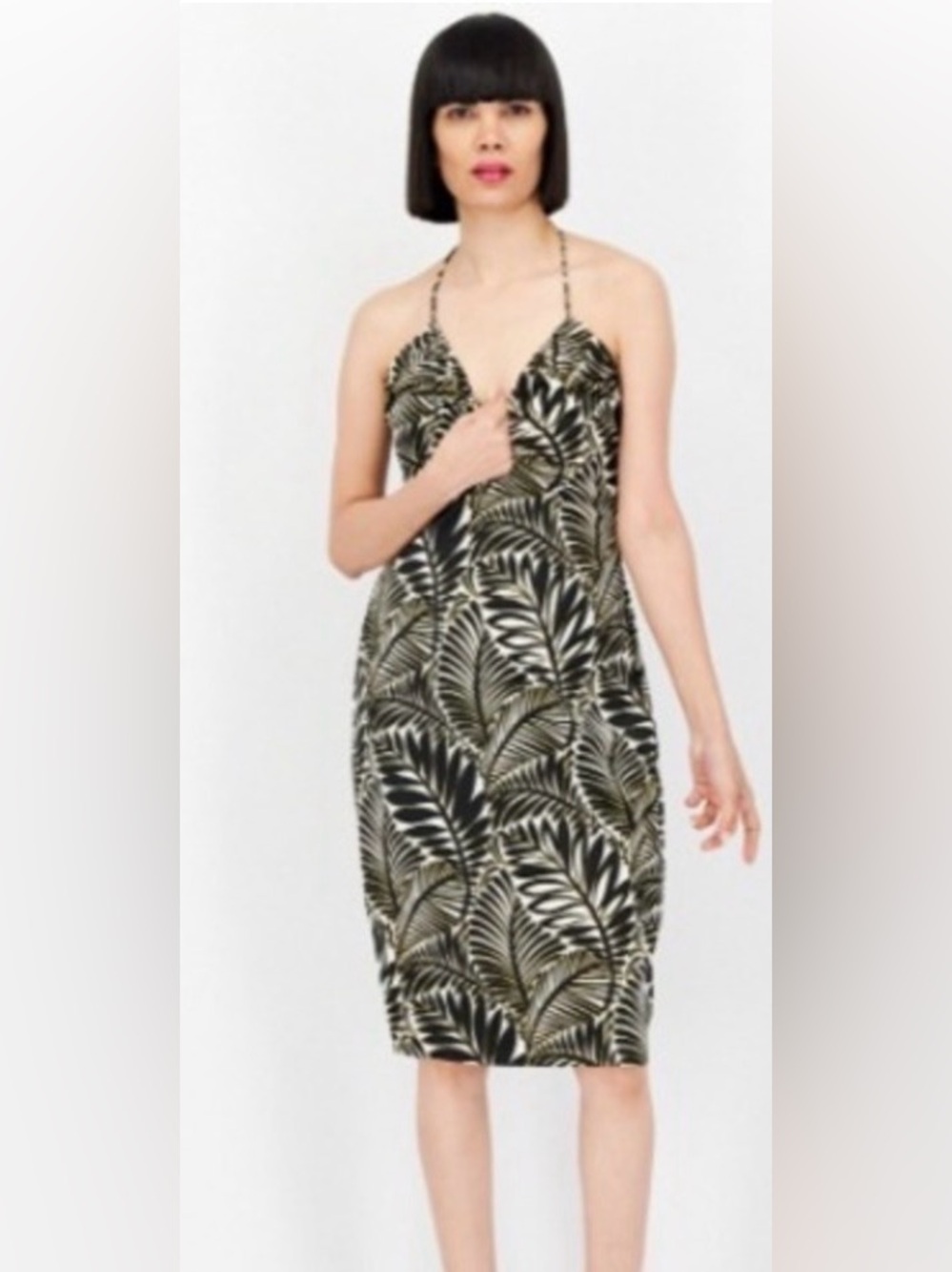 Avec Les Filles Black and Olive Leaf-Print Slip Dress